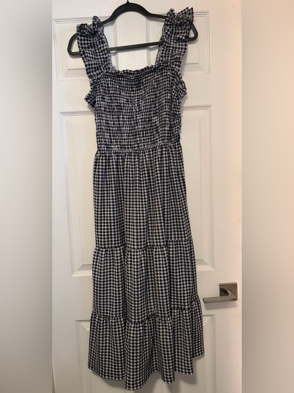 Cato Black & White Gingham Smocked Tiered Midi Dress
